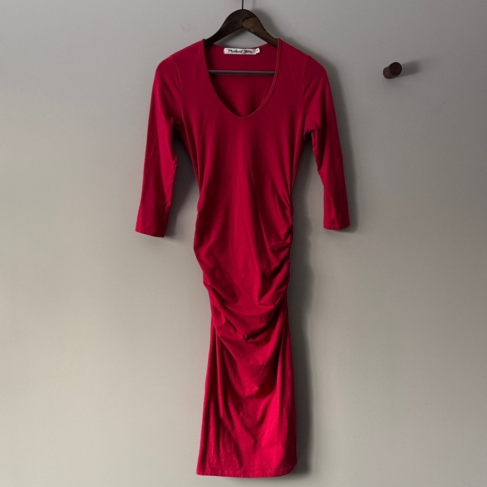 MICHAEL STARS KNIT DRESS WITH RUCHING RED SIZE SMALL